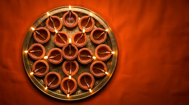 Decorative clay lamps arranged in circular pattern on orange background  