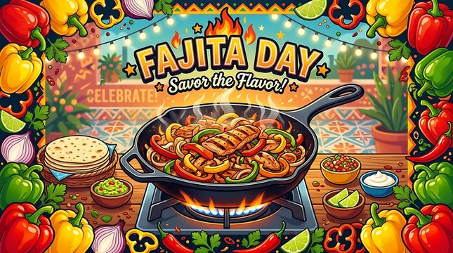 Bell peppers framing a sizzling skillet, minimal Fajita Day text, vibrant vector banner