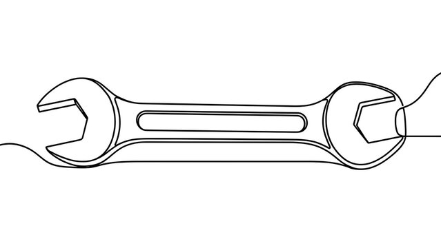 Minimalist wrench and screwdriver line art white background.
