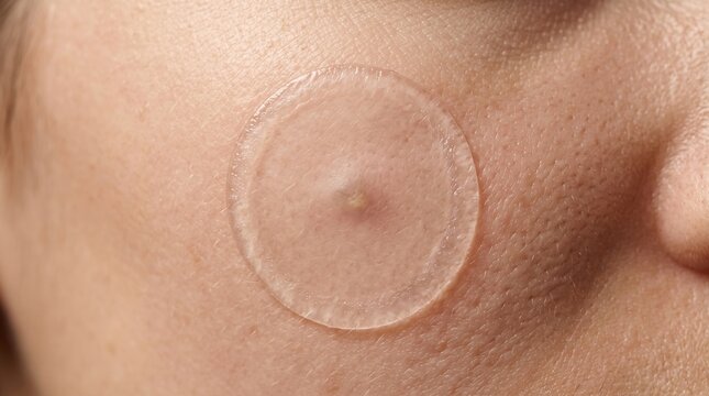 Close up of a transparent hydrocolloid acne pimple patch on female cheek skin, skin healing process.