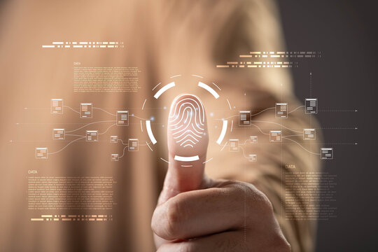 Fingerprint biometric authentication interface with digital identity verification, representing cybersecurity, access control, data protection, secure login, privacy management, and identity security.