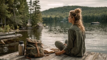 Fototapeta premium Solo woman traveler sitting on wooden dock by mountain lake, peaceful outdoor meditation and reflection, cinematic forest landscape with backpack