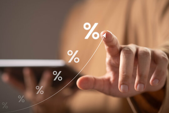 Interest rate increase, financial growth concept featuring a rising percentage symbol and upward trend curve, representing higher returns, investment performance, savings growth, inflation management.