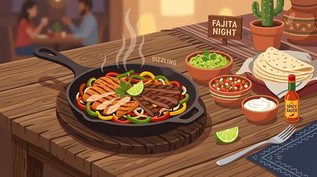 Clean, flat vector food design, little text, and a rustic wooden table with a sizzling fajita pan