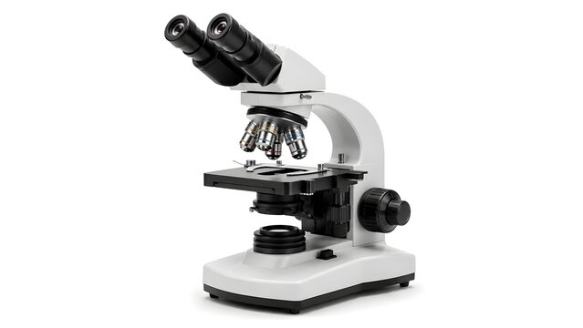 Professional laboratory microscope equipment isolated on white background for research with modern microscope magnification investigation experiment