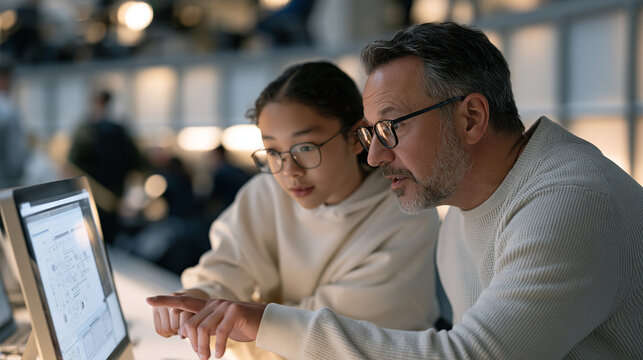 senior cybersecurity professional explaining network diagrams to a teenage apprentice intern in a busy urban tech hub atrium, frosted glass partitions blurring background
