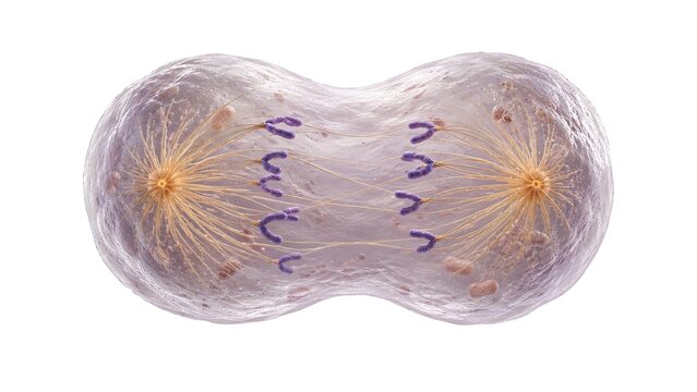 Biological process showing cellular mitosis with spindle fibers separating chromosomes inside dividing cell membrane with separated chromosomes toward