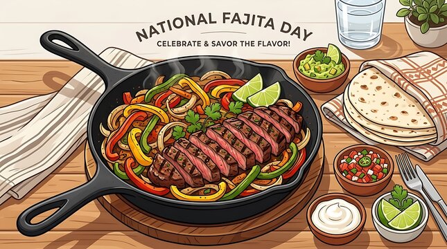 Steak fajitas with grilled vegetables, minimal National Fajita Day text, clean food illustration