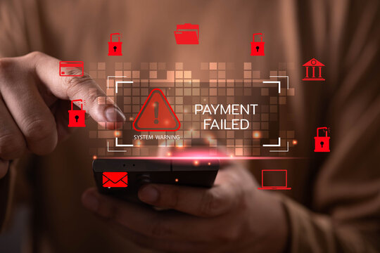 Payment failed and cybersecurity warning concept with a user using a smartphone during a blocked online transaction. Digital payment security, fraud detection, financial risk, banking protection.