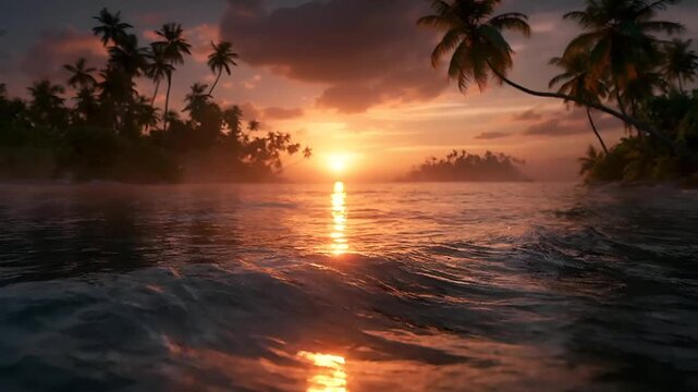 Summer hot vibe lifestyle. A vivid portrayal of a tropical sunset over the ocean. The sky is painted in hues of orange, pink, and purple, with the sun casting a golden glow over the water.