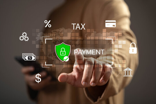 Secure online payment and digital finance concept with protected transaction verification on a mobile device. Financial security, tax payment, banking services, encryption, fintech and secure commerce
