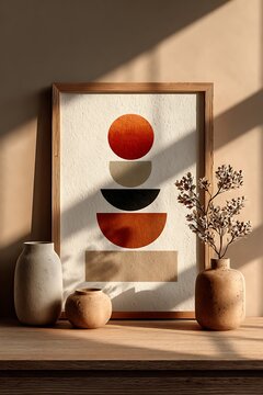 Abstract geometric wall art in wooden frame with ceramic vases and dried plant on wooden table