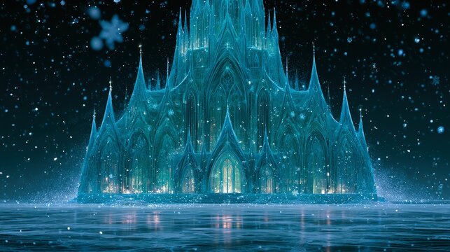 Frozen gothic ice palace on moonlit frozen lake, translucent turquoise walls, glowing snowflakes positioned in enchanted garden clearing