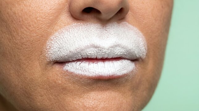 Female lips covered with thick white zinc oxide cream or treatment paste