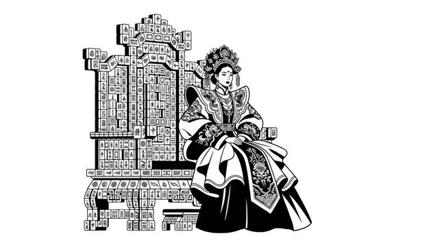 Chinese empress sitting on a throne made from mahjong vector tiles