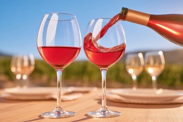 Obraz premium Red wine poured into glass on rustic wooden table with vineyard background