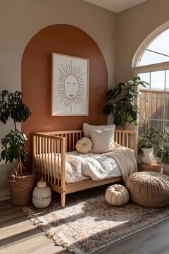 Boho nursery interior with wooden crib, terracotta arch wall, sun art, and autumn pumpkin decor