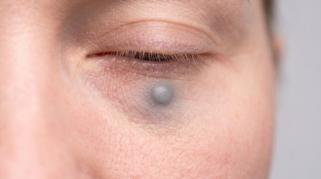Close up of a person's eye with a grey cyst, chalazion or hordeolum on the lower eyelid skin.