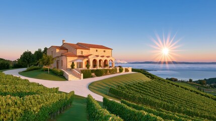 Obraz premium Stone farmhouse on hillside with terraced vineyards at dawn overlooking sea and mist
