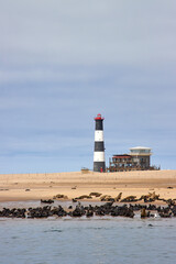 Leuchtturm und Gebäude stehen am Strand, im Vordergrund liegt eine große Robbenkolonie am Wasser in Namibia. © Jane Be. The Picture