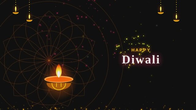 Elegant happy diwali greeting card design with glowing oil lamps and traditional mandala pattern on black background