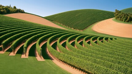 Obraz premium Aerial view of curving vineyard rows over rolling hills under clear blue sky