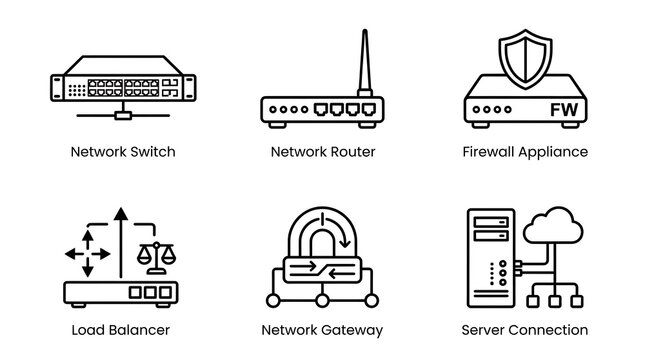 Networking Infrastructure and Hardware Line Icon Set