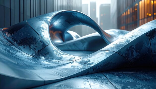 Abstract curved metal sculpture in modern urban city plaza