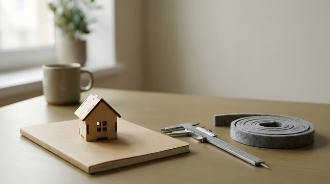 Miniature house with measuring tools and insulation material on a table, showing home energy assessment, renovation planning, and residential efficiency improvement