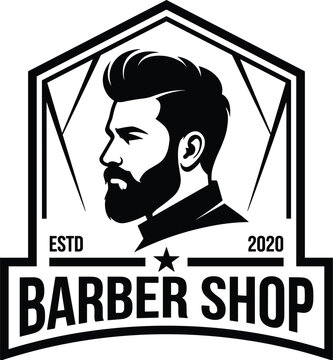 Vintage barber shop logo badge featuring handsome bearded man head side profile vector illustration design