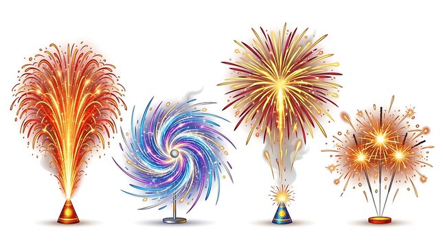 Set of colorful fireworks isolated on white background realistic pyrotechnic elements for festive celebration, new year, diwali, or independence day design