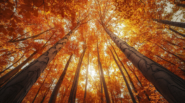 Low angle view of towering autumn trees with bright orange leaves glowing in sunlight