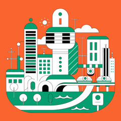 Naklejka premium Futuristic smart city vector illustration, sustainable urban landscape with green buildings, modern eco-friendly metropolis on orange background