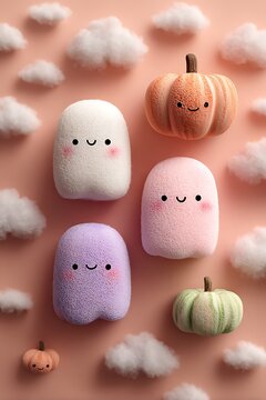 Cute pastel ghosts and small pumpkins with fluffy clouds on soft pink background for Halloween