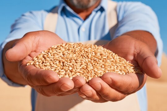 Weathered hands holding freshly threshed wheat grains under bright sky