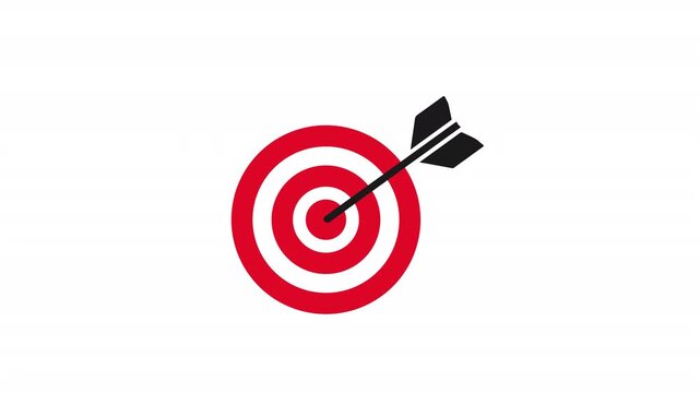 Archery target bullseye animation with black arrow hitting red circles on white background. Minimalist target practice graphic with moving arrow video clip