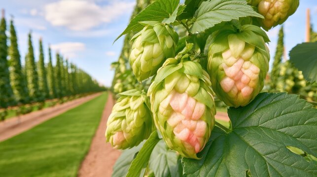 Hop yard with tall trellises and climbing bines receding into distance under blue sky