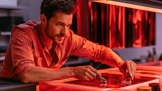 Photographer watching image emerge in darkroom under red light