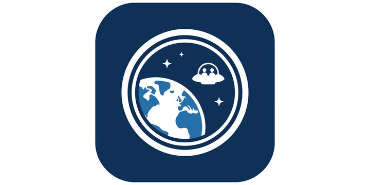 space badge emblem with earth and ufo isolated on transparent background