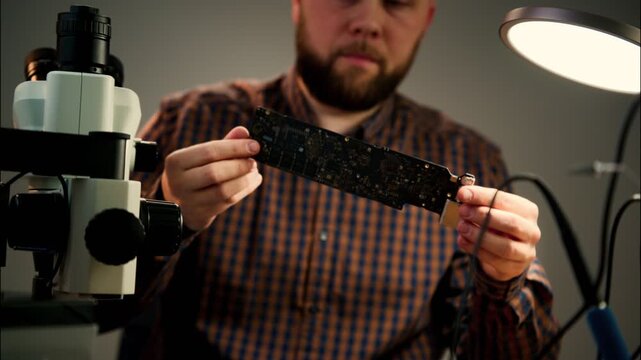 Technician examining circuit board under microscope