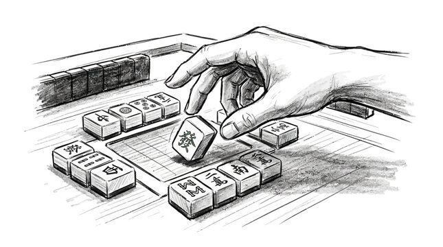 Hand playing mahjong vector with traditional tiles on a table