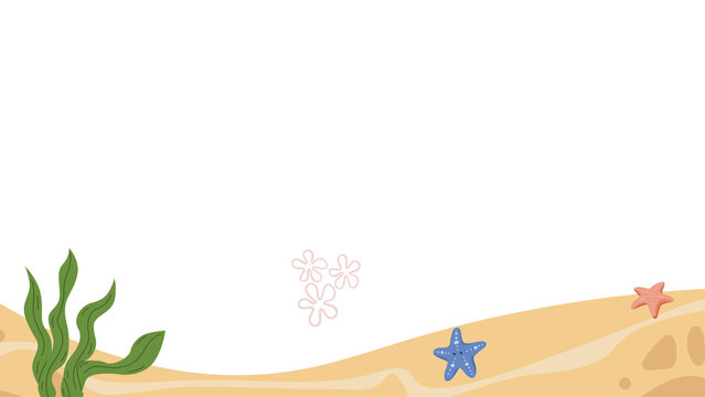 Sandy beach sea floor background presentation with starfish and green seaweed