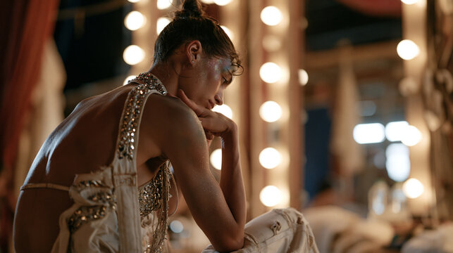 unicyclist backstage in a warmly lit circus dressing room after a performance, sequined costume half removed, the performer seated quietly with a distant satisfied expression,