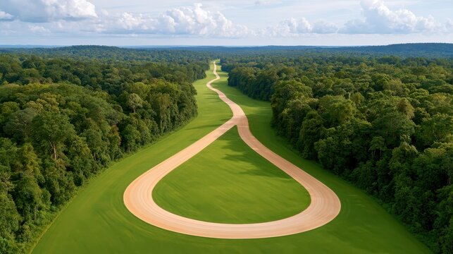 Aerial view of winding dirt pipeline right of way cutting through dense green forest