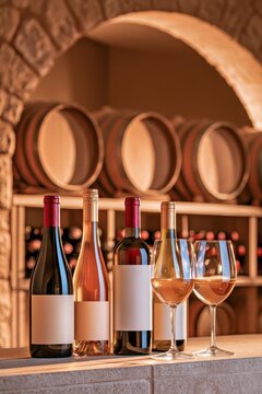 Wine bottles and glasses on stone counter with barrels in background