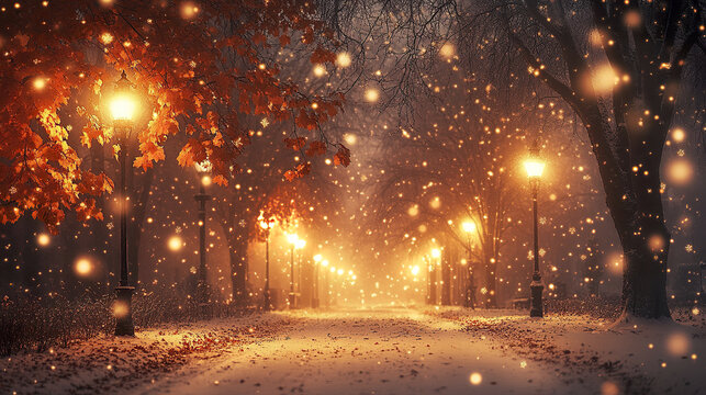 Magical twilight scene glowing autumn leaves under snowy park path with warm street lights