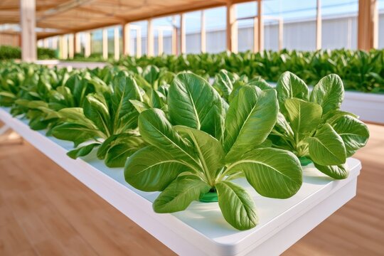 Fresh green lettuce growing in hydroponic system under natural light