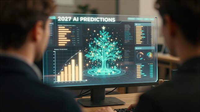 Meeting room discussion about future AI predictions in 2027 with data displayed on a screen
