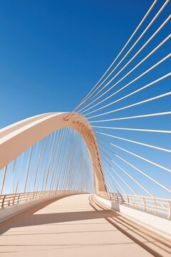 Closeup of tensioned steel cables anchoring suspension bridge against blue sky