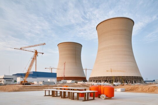 Cooling towers under construction at power station with cranes and industrial equipment